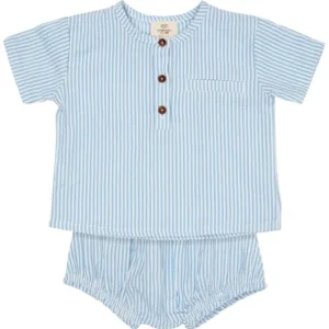 Copenhagen Colors Skjorte & Bloomers - Seersucker baby set - Sky Blue m. Cream Stripe - Copenhagen Colors