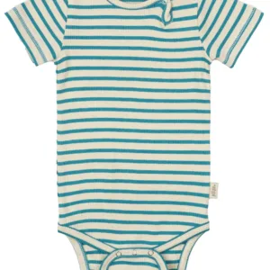 Petit Piao Kortærmet Body - Striber - Turquise/Dark off white - Petit Piao